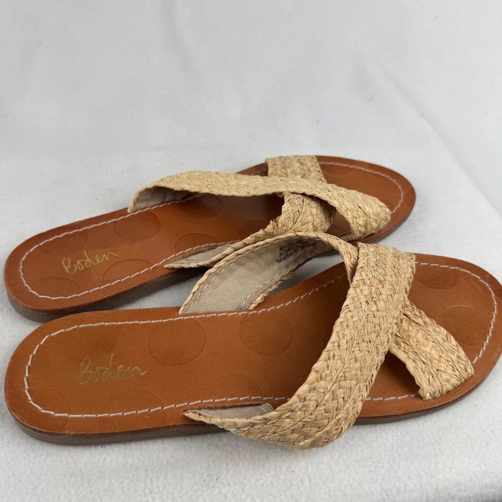 Boden‎ Raffia Criss Cross Sandals Tan Brown Leather Womens Size 39 US 8.5